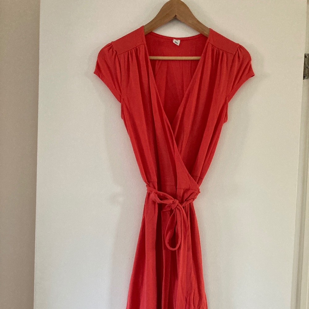 Midi wrap dress, coral, Old Navy